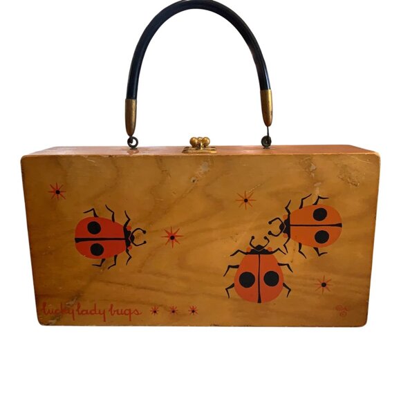 Enid Collins Lucky Ladybugs Wooden Box Bag Purse 1960s Vintage with Mirror - Picture 11 of 16